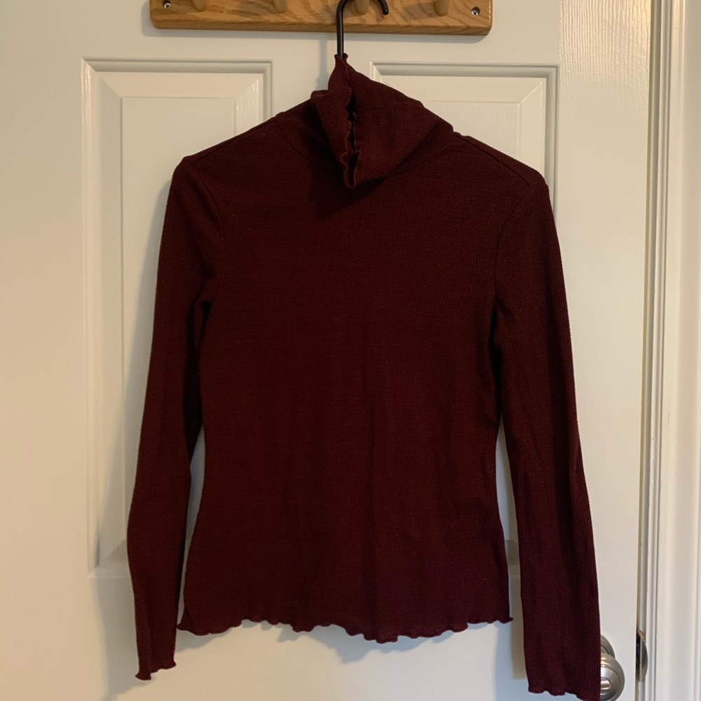 Maroon Red Turtleneck Shirt with Frilled Edges
